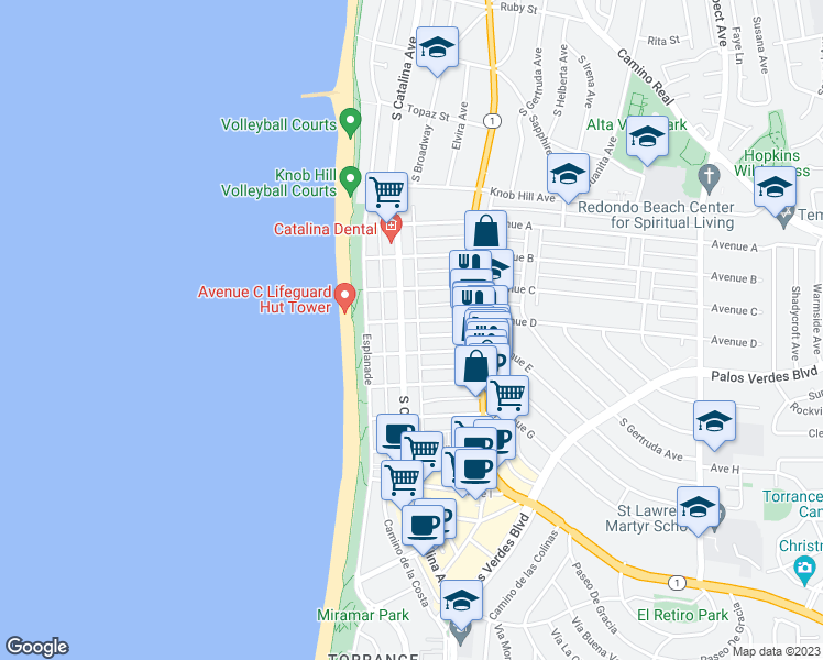 map of restaurants, bars, coffee shops, grocery stores, and more near 209 Avenue E in Redondo Beach