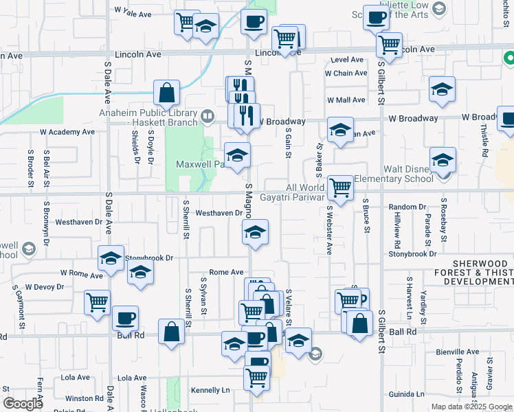 map of restaurants, bars, coffee shops, grocery stores, and more near 2580 West Orange Avenue in Anaheim