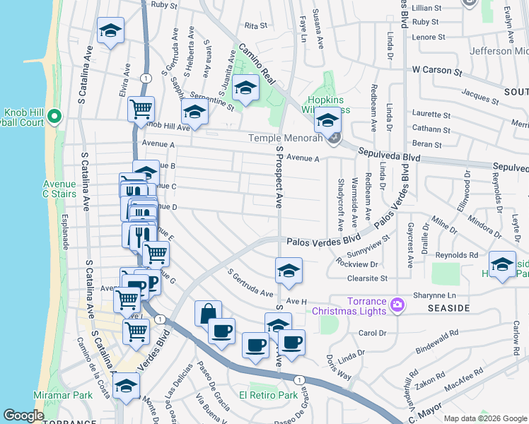 map of restaurants, bars, coffee shops, grocery stores, and more near 715 Avenue D in Redondo Beach