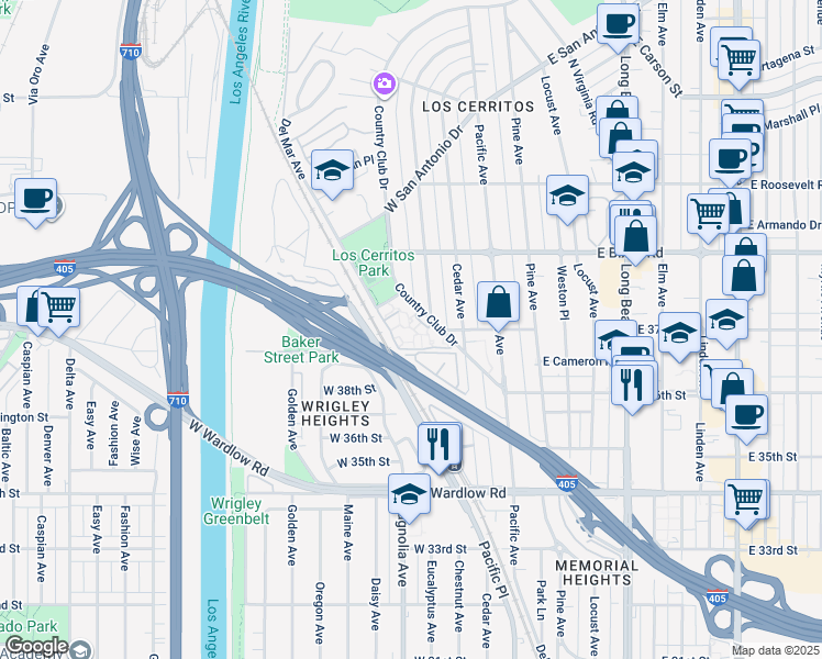 map of restaurants, bars, coffee shops, grocery stores, and more near 3719 North Country Club Drive in Long Beach