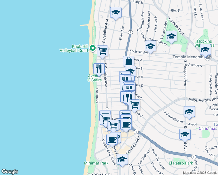 map of restaurants, bars, coffee shops, grocery stores, and more near 1200 South Catalina Avenue in Redondo Beach