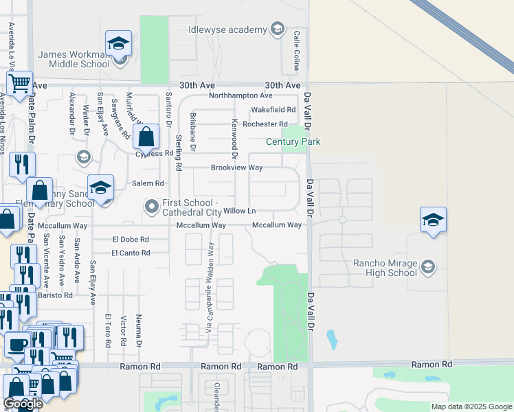 map of restaurants, bars, coffee shops, grocery stores, and more near 69812 Willow Lane in Cathedral City