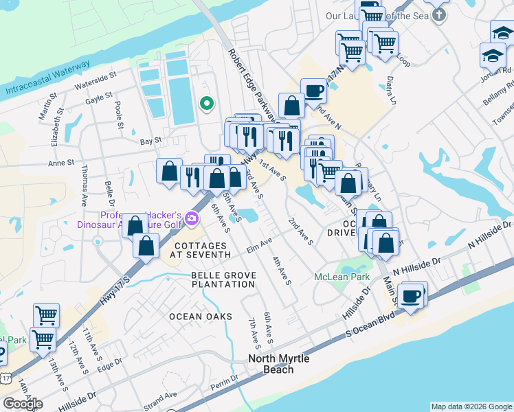 map of restaurants, bars, coffee shops, grocery stores, and more near 613B 3rd Avenue South in North Myrtle Beach