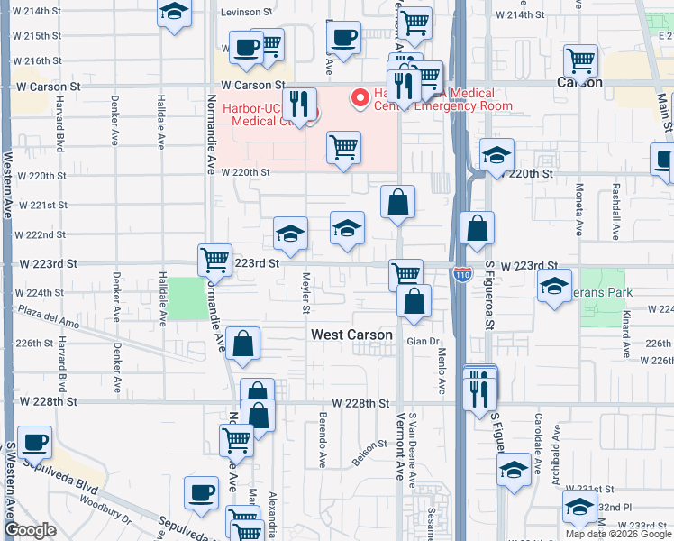 map of restaurants, bars, coffee shops, grocery stores, and more near 1010 West 223rd Street in Torrance