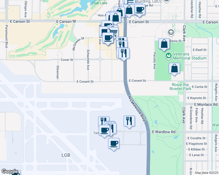 map of restaurants, bars, coffee shops, grocery stores, and more near 4184 East Conant Street in Long Beach