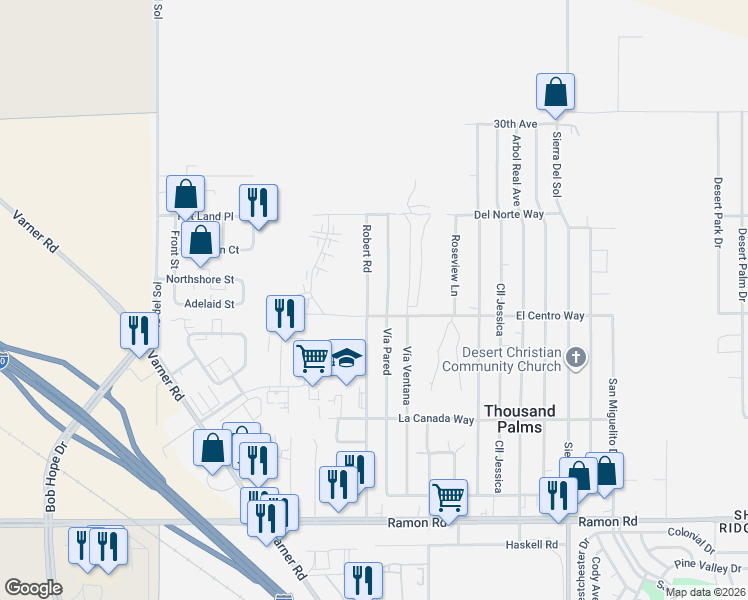 map of restaurants, bars, coffee shops, grocery stores, and more near 30940 Robert Road in Thousand Palms