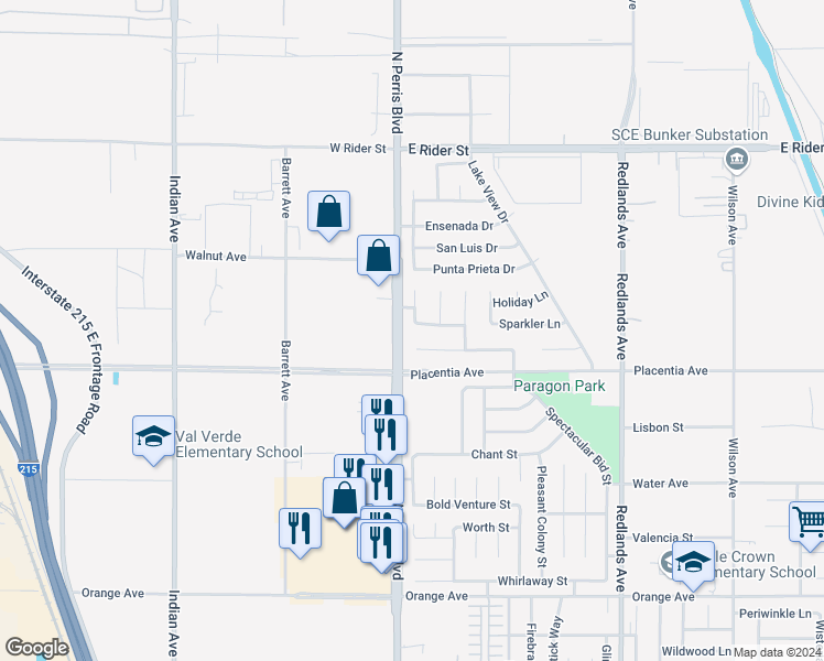map of restaurants, bars, coffee shops, grocery stores, and more near 115 Voyager Lane in Perris
