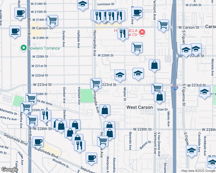 map of restaurants, bars, coffee shops, grocery stores, and more near 1208 West 223rd Street in Torrance