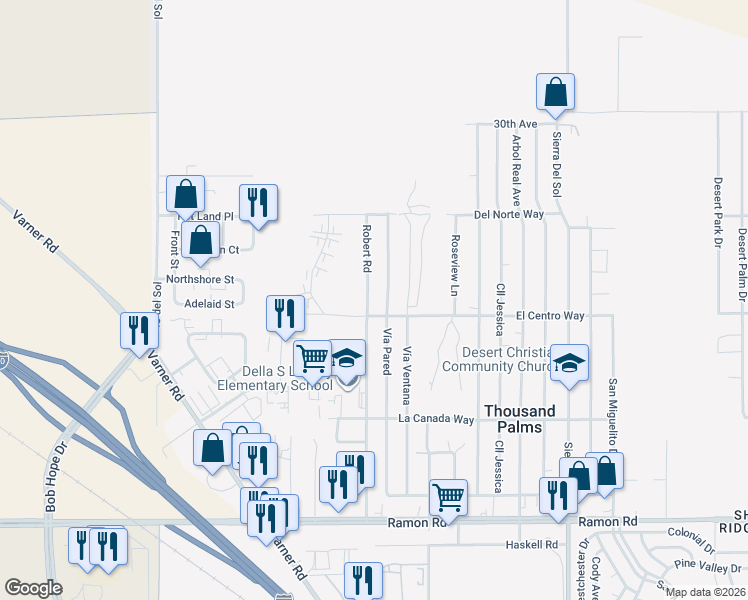map of restaurants, bars, coffee shops, grocery stores, and more near 30940 Robert Road in Thousand Palms