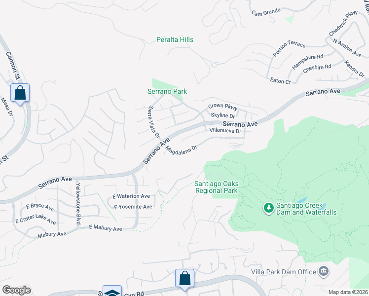 map of restaurants, bars, coffee shops, grocery stores, and more near 7036 Villanueva Drive in Orange