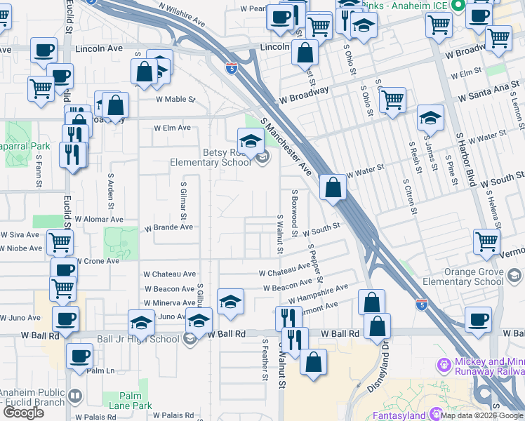 map of restaurants, bars, coffee shops, grocery stores, and more near 604 South Porto Place in Anaheim