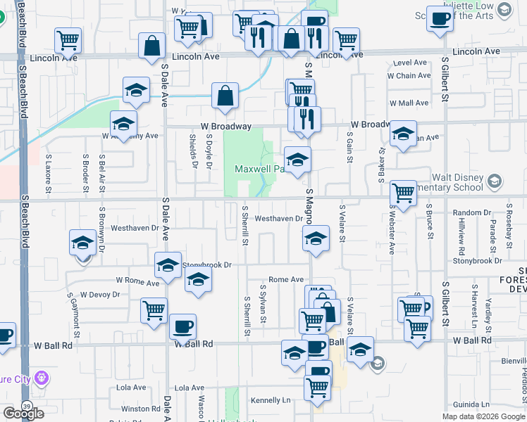 map of restaurants, bars, coffee shops, grocery stores, and more near 602 South Sherrill Street in Anaheim