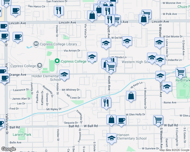 map of restaurants, bars, coffee shops, grocery stores, and more near 3700 West Orange Avenue in Anaheim