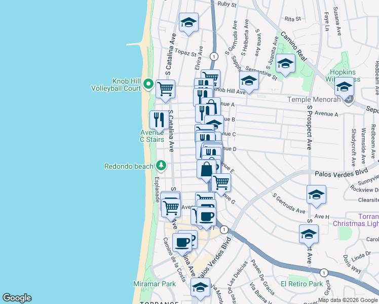 map of restaurants, bars, coffee shops, grocery stores, and more near 211 Avenue D in Redondo Beach