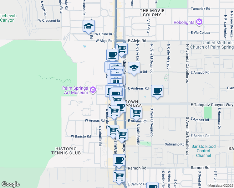 map of restaurants, bars, coffee shops, grocery stores, and more near 170 North Palm Canyon Drive in Palm Springs