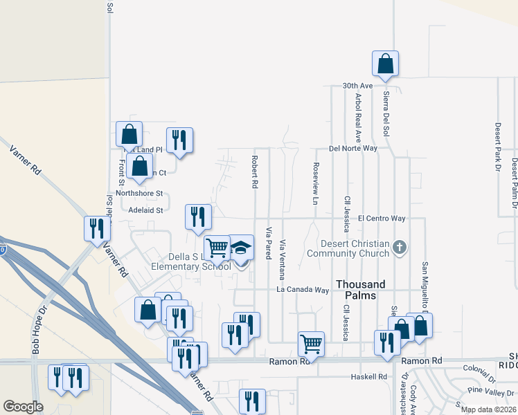 map of restaurants, bars, coffee shops, grocery stores, and more near 30940 Robert Road in Thousand Palms