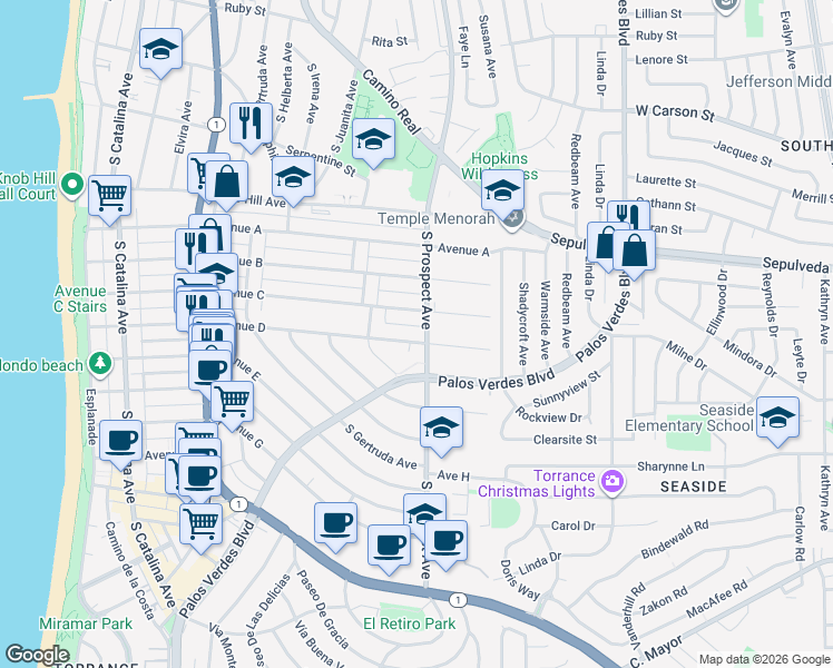 map of restaurants, bars, coffee shops, grocery stores, and more near 867 Avenue C in Redondo Beach