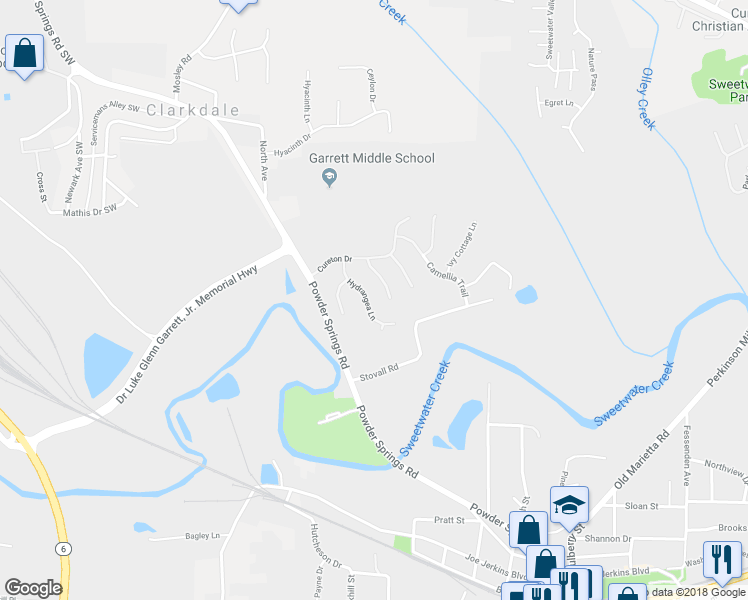 map of restaurants, bars, coffee shops, grocery stores, and more near 2070 Hydrangea Lane in Austell