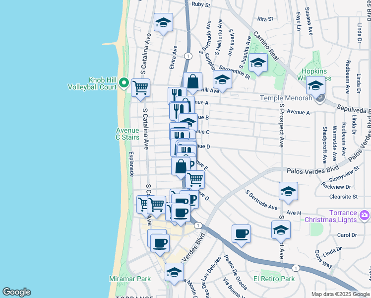 map of restaurants, bars, coffee shops, grocery stores, and more near 301 Avenue D in Redondo Beach