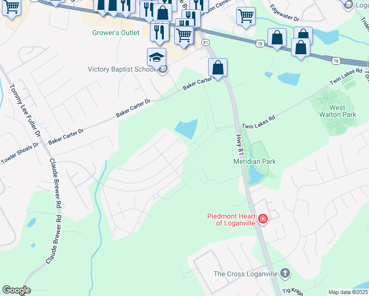 map of restaurants, bars, coffee shops, grocery stores, and more near 201 Loganview Drive in Loganville