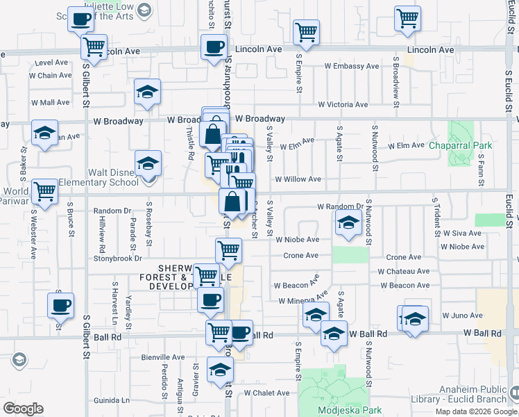 map of restaurants, bars, coffee shops, grocery stores, and more near 602 South Archer Street in Anaheim