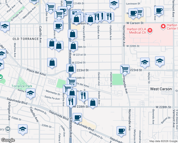 map of restaurants, bars, coffee shops, grocery stores, and more near 1546 West 223rd Street in Torrance