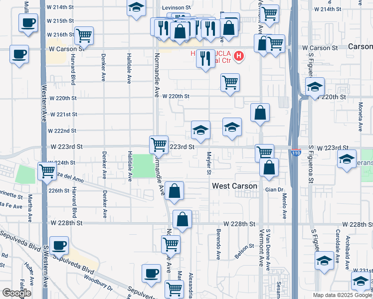 map of restaurants, bars, coffee shops, grocery stores, and more near in Torrance