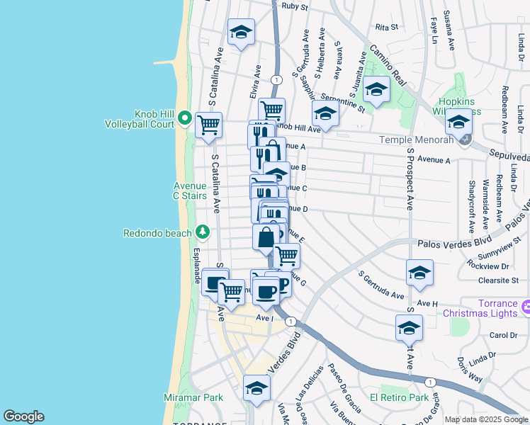 map of restaurants, bars, coffee shops, grocery stores, and more near 231 Avenue D in Redondo Beach