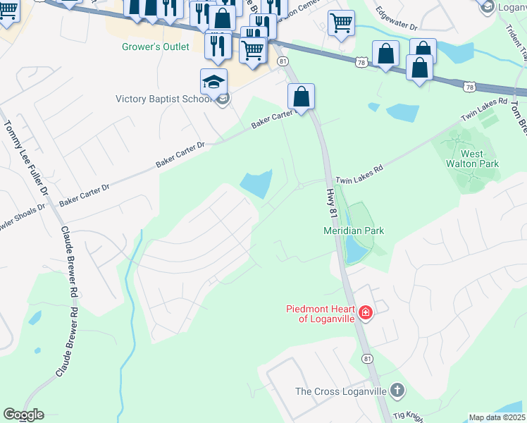 map of restaurants, bars, coffee shops, grocery stores, and more near 201 Loganview Drive in Loganville