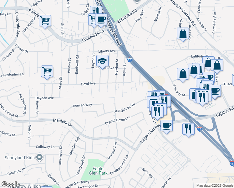 map of restaurants, bars, coffee shops, grocery stores, and more near 20265 Newton Street in Corona