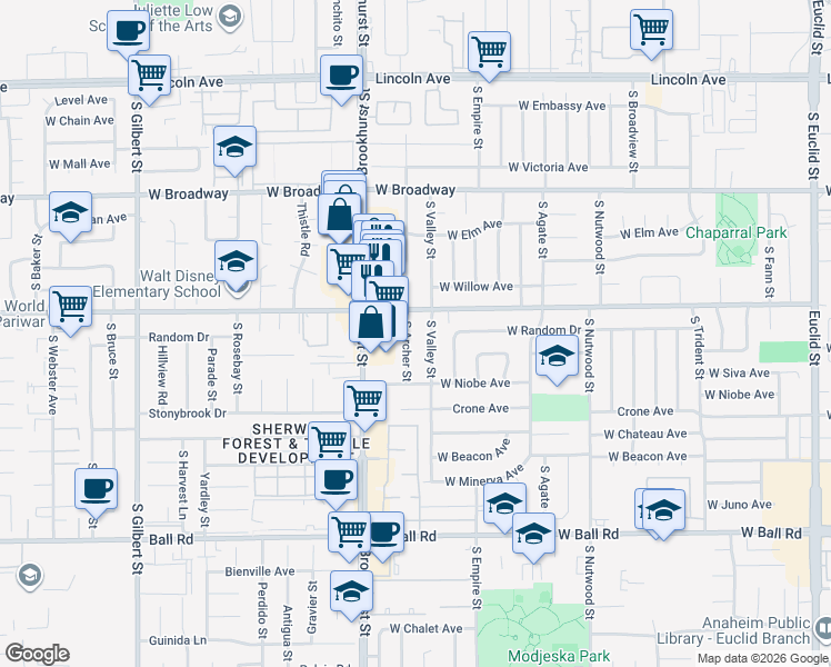 map of restaurants, bars, coffee shops, grocery stores, and more near 602 South Archer Street in Anaheim