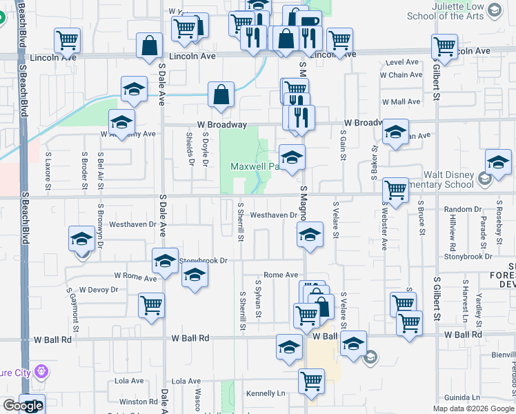 map of restaurants, bars, coffee shops, grocery stores, and more near 602 South Sherrill Street in Anaheim