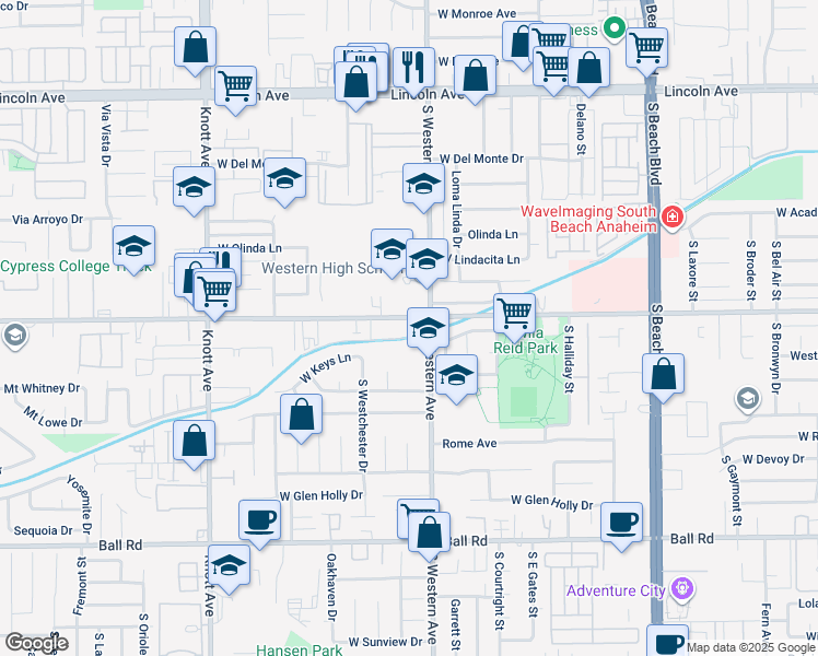 map of restaurants, bars, coffee shops, grocery stores, and more near 601 South Western Avenue in Anaheim