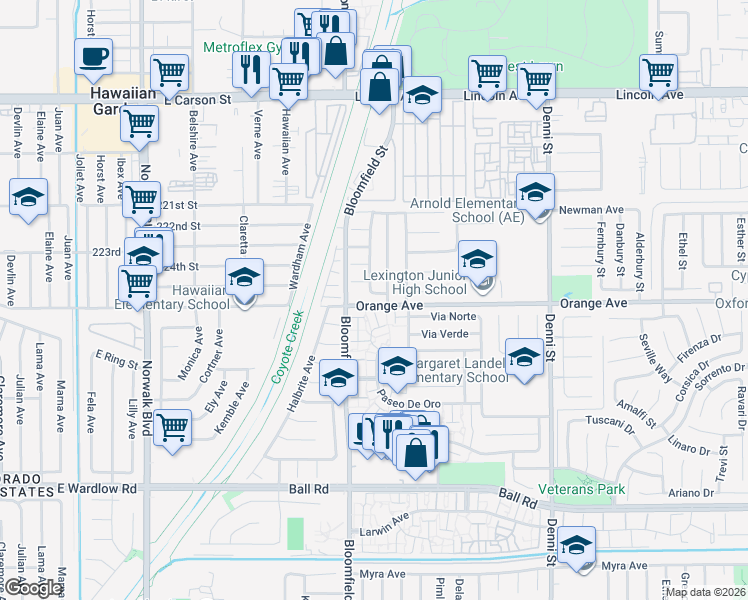 map of restaurants, bars, coffee shops, grocery stores, and more near 9454 Fleetwood Street in Cypress