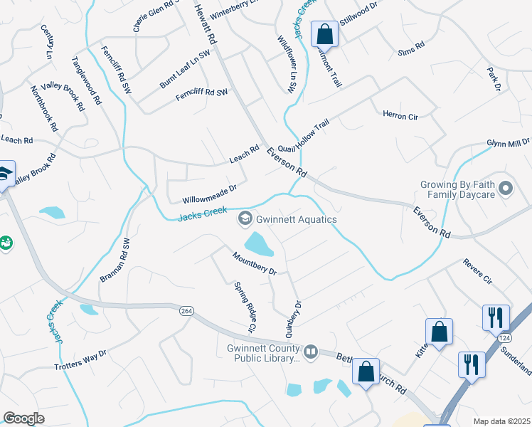 map of restaurants, bars, coffee shops, grocery stores, and more near 2816 Quinbery Drive in Snellville