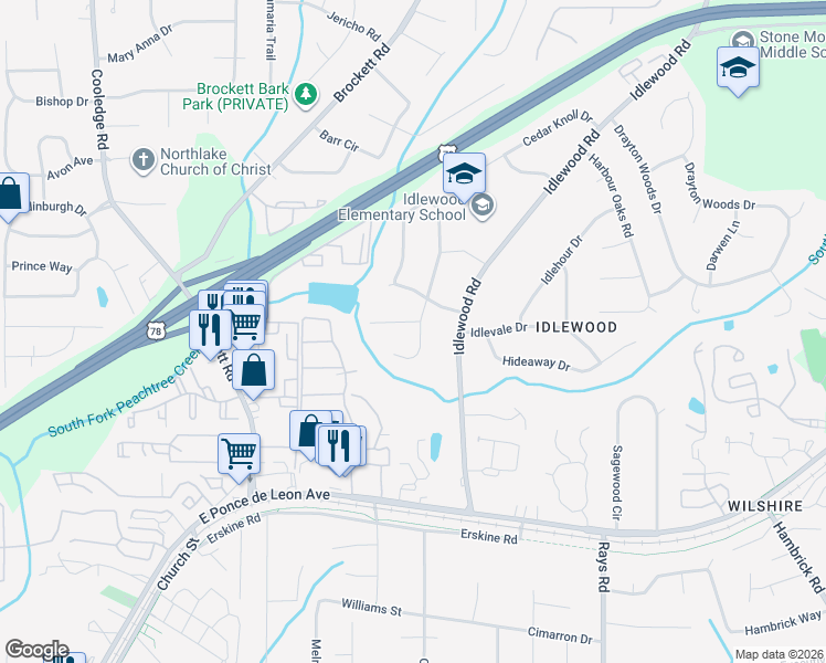 map of restaurants, bars, coffee shops, grocery stores, and more near 4004 Camelot Court in Tucker