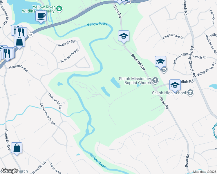 map of restaurants, bars, coffee shops, grocery stores, and more near 4497 Shiloh Ridge Trail in Snellville