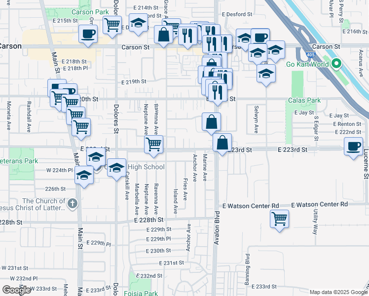 map of restaurants, bars, coffee shops, grocery stores, and more near 541 1/4 East 223rd Street in Carson