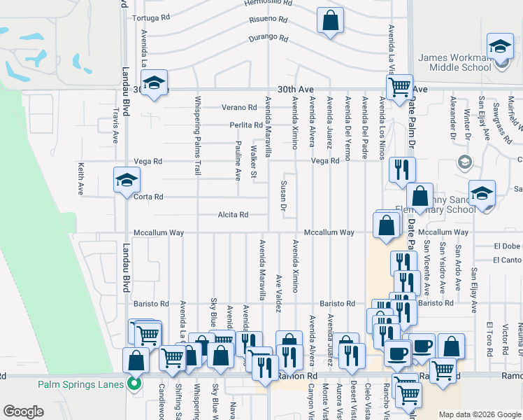 map of restaurants, bars, coffee shops, grocery stores, and more near 68474 Alcita Road in Cathedral City