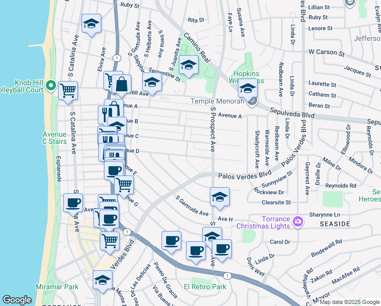 map of restaurants, bars, coffee shops, grocery stores, and more near 703 Avenue D in Redondo Beach