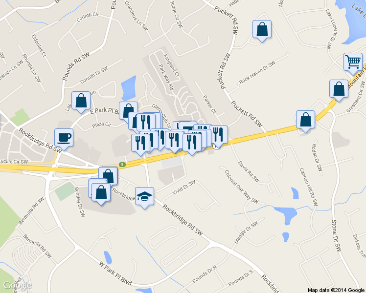 map of restaurants, bars, coffee shops, grocery stores, and more near 1900 Glenn Club Drive in Stone Mountain