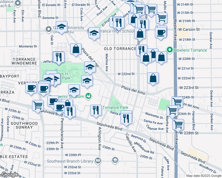 map of restaurants, bars, coffee shops, grocery stores, and more near 2086 Washington Avenue in Torrance