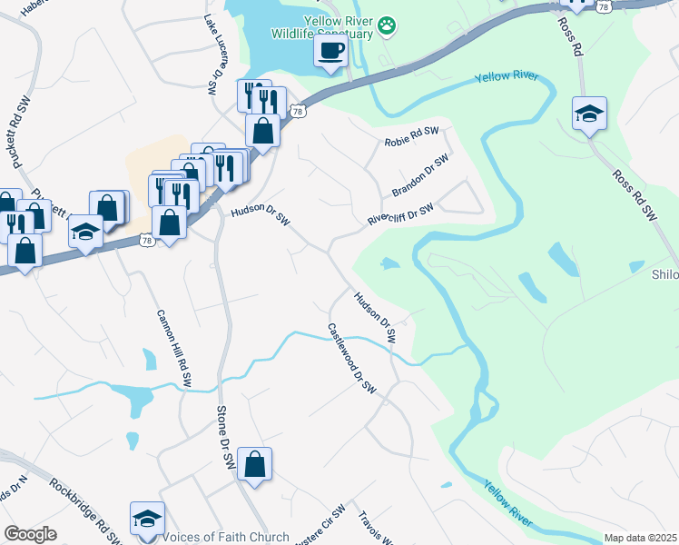 map of restaurants, bars, coffee shops, grocery stores, and more near Hudson Drive Southwest in Gwinnett County