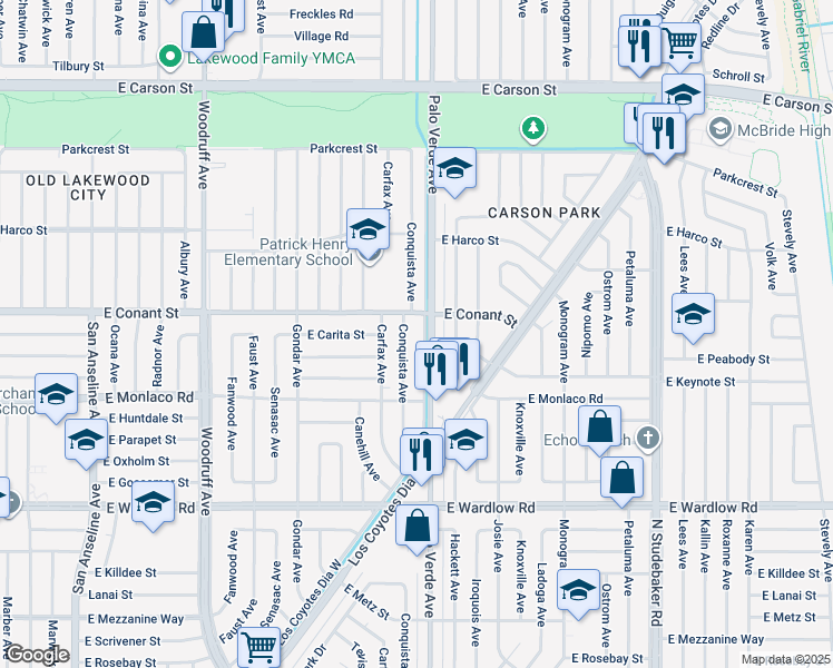 map of restaurants, bars, coffee shops, grocery stores, and more near 3675 Palo Verde Avenue in Long Beach