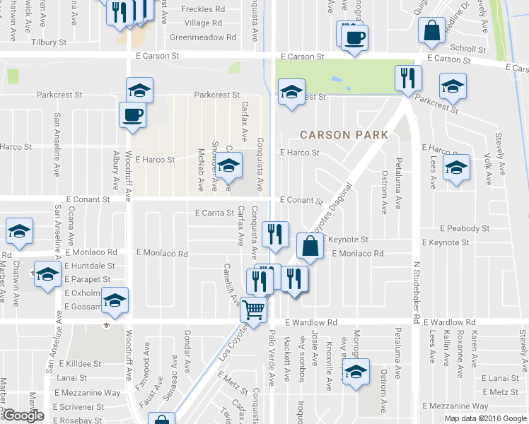 map of restaurants, bars, coffee shops, grocery stores, and more near 3675 Palo Verde Avenue in Long Beach