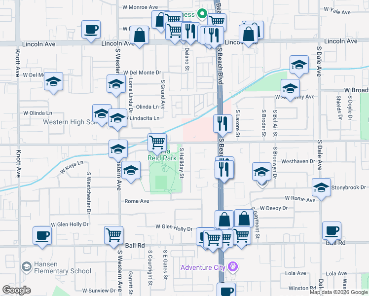 map of restaurants, bars, coffee shops, grocery stores, and more near 612 South Halliday Street in Anaheim