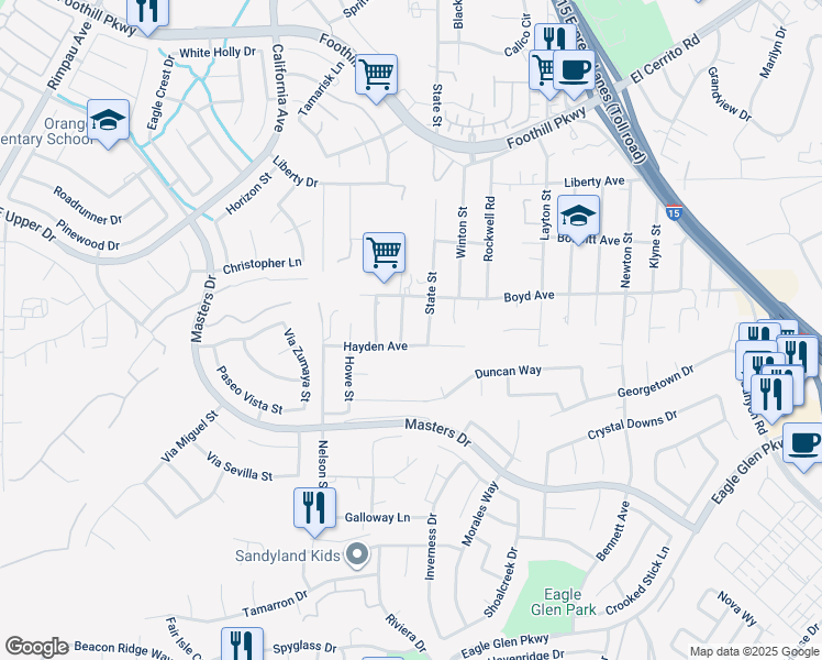 map of restaurants, bars, coffee shops, grocery stores, and more near 3619 Shannon Street in Corona