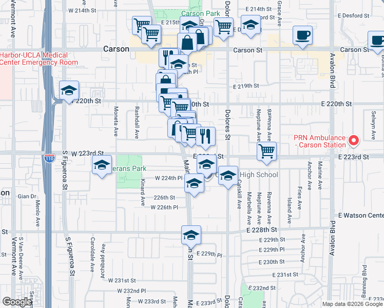map of restaurants, bars, coffee shops, grocery stores, and more near 121 East 223rd Street in Carson