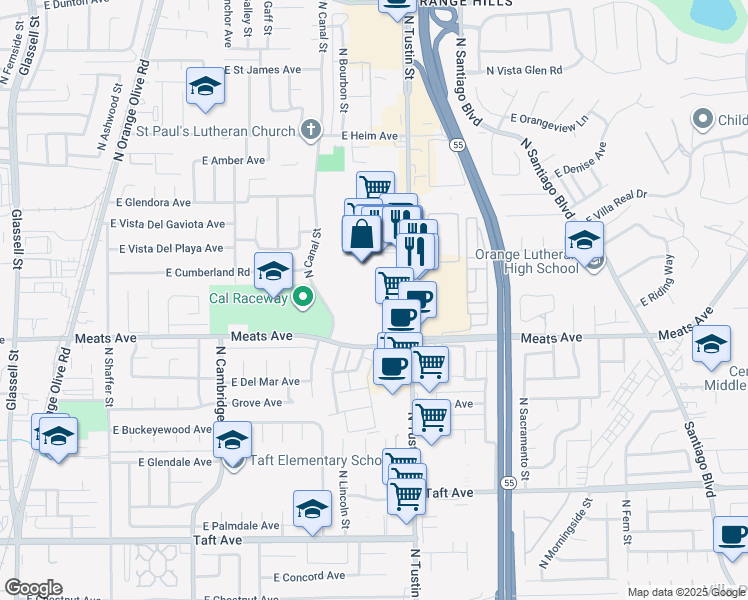 map of restaurants, bars, coffee shops, grocery stores, and more near 1500 East Village Way in Orange