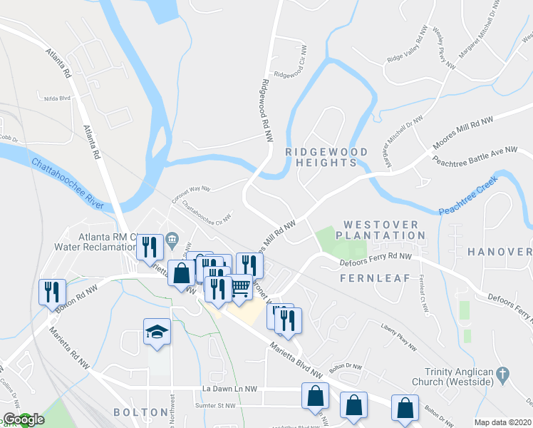 map of restaurants, bars, coffee shops, grocery stores, and more near 2515 Ridgewood Road Northwest in Atlanta